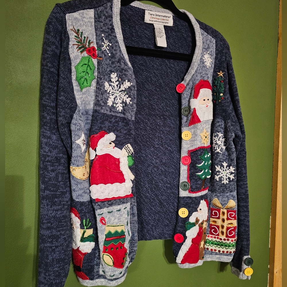 Womens Cute Festive Blue Santa Sweater